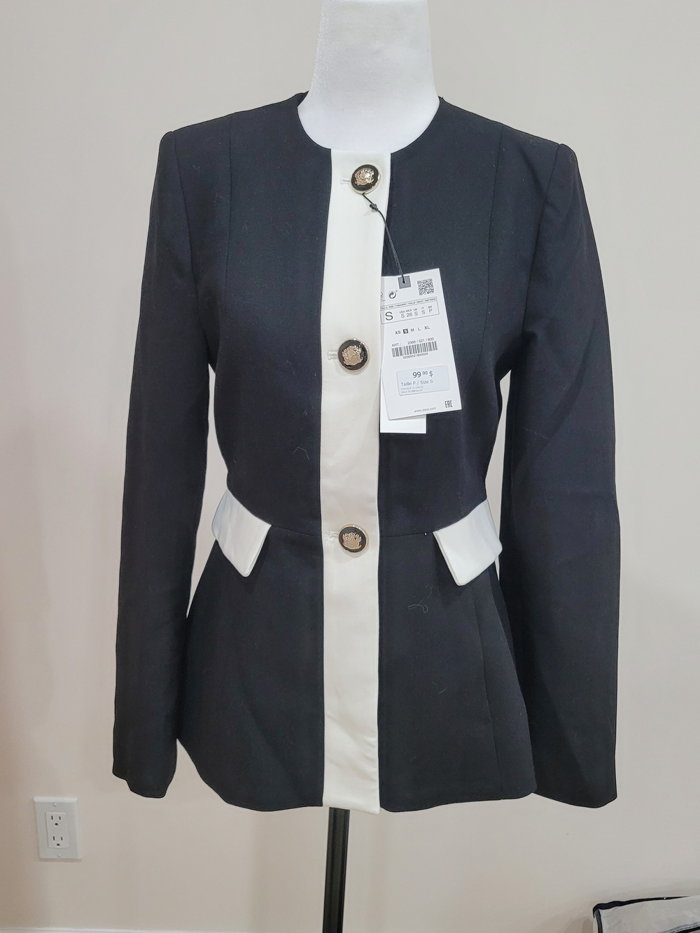 Zara Black Blazer with White Contrast Trim and Gold Buttons